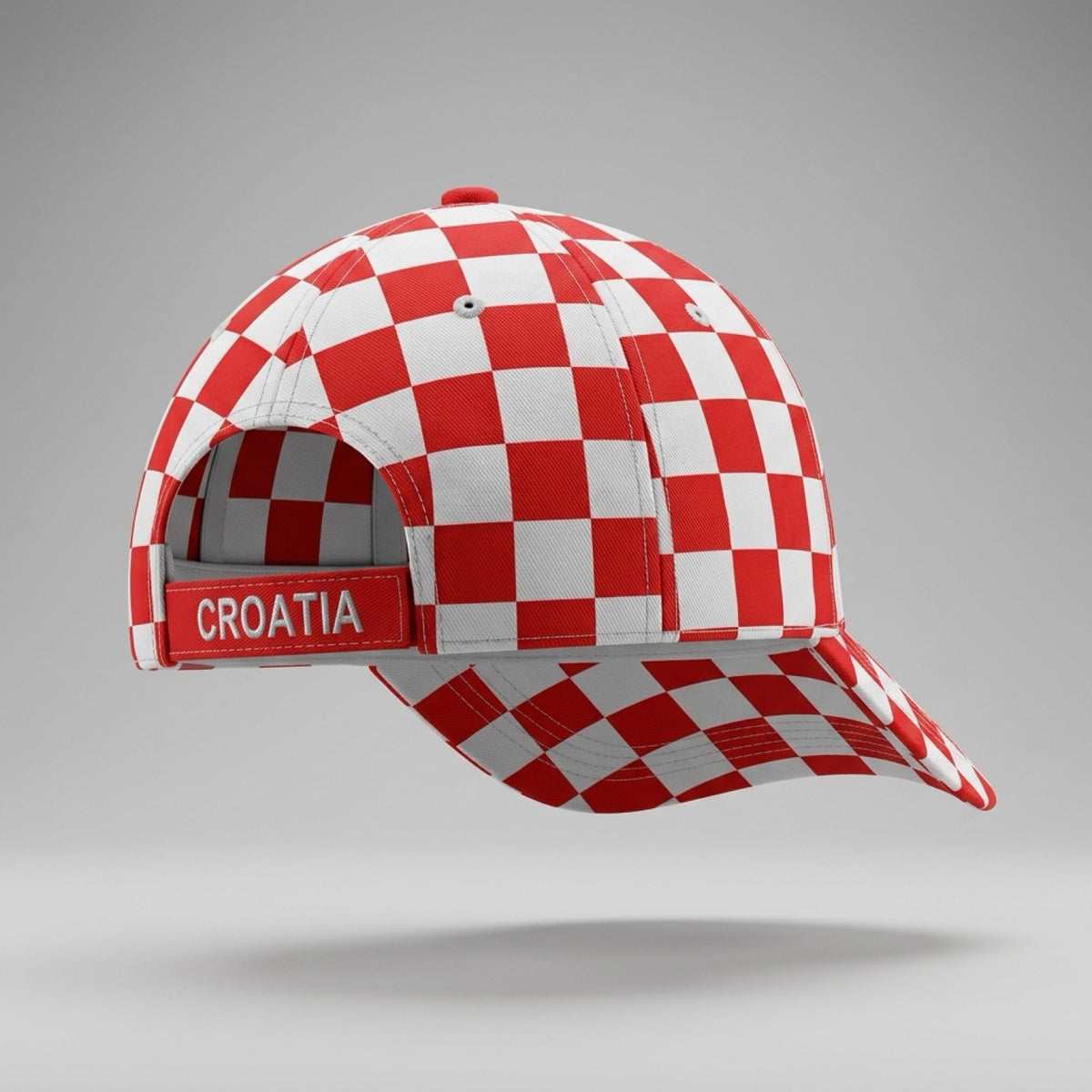 Red and white checkered cap with 'Croatia' text on a gray background