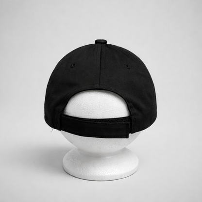 Baseball Cap HOS Za Dom Black cap on a white mannequin head against a light gray background