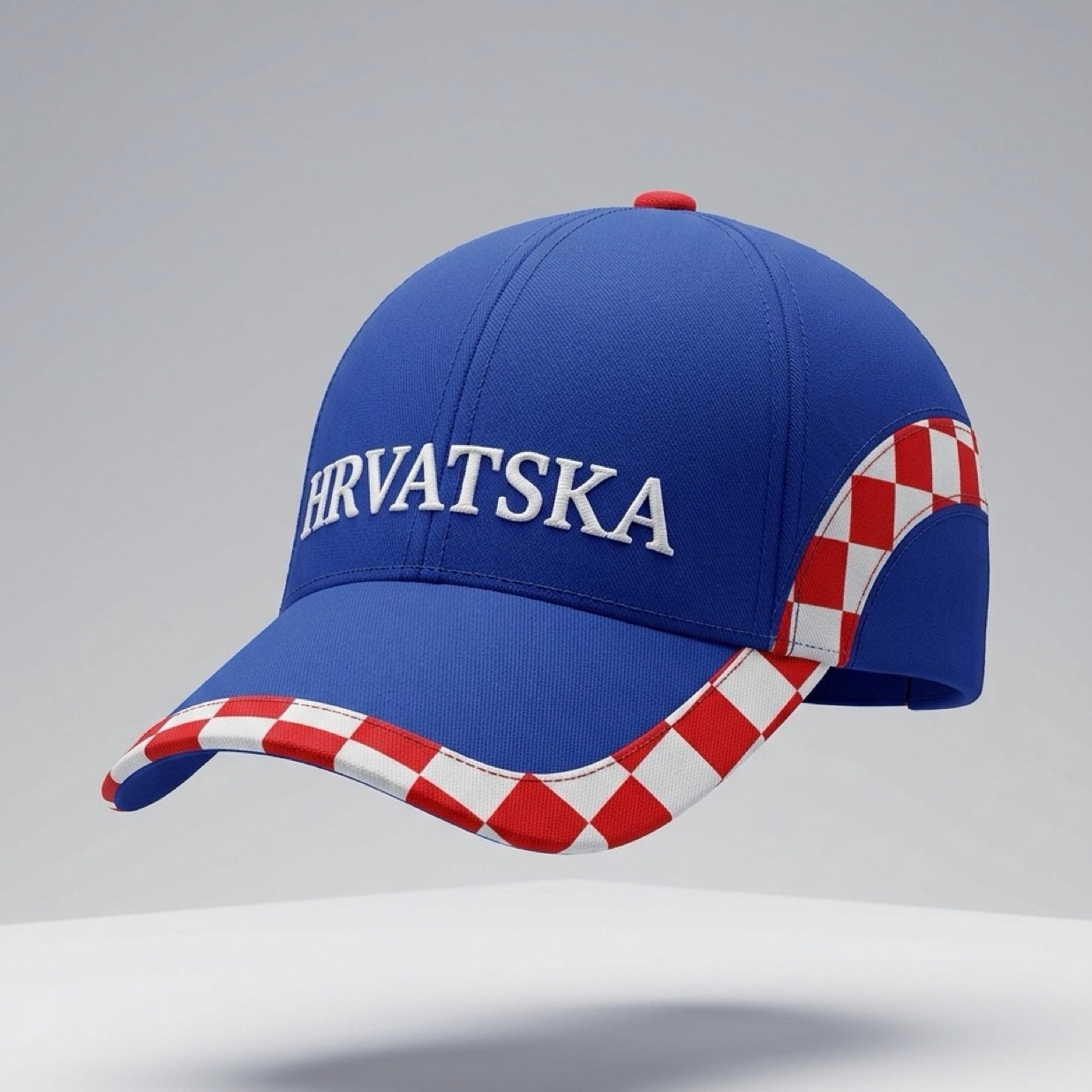 Blue cap with 'HRVATSKA' text and checkered brim on a gray background