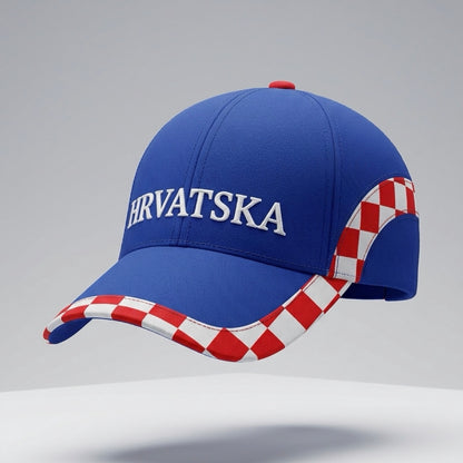 Blue cap with 'HRVATSKA' text and checkered brim on a gray background