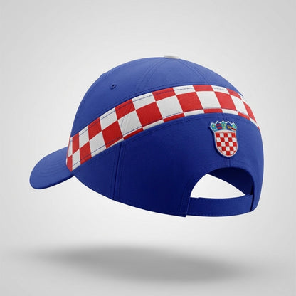 Blue cap with a red and white checkered band and emblem on a light gray background