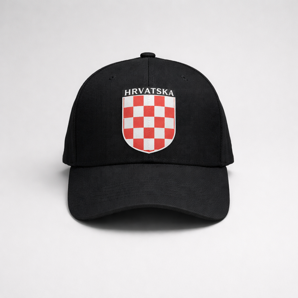 Baseball Cap Hrvatska Prvo Bijelo Polje Black cap with Croatian emblem and text on a white background shopncro.live