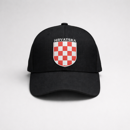 Baseball Cap Hrvatska Prvo Bijelo Polje Black cap with Croatian emblem and text on a white background shopncro.live