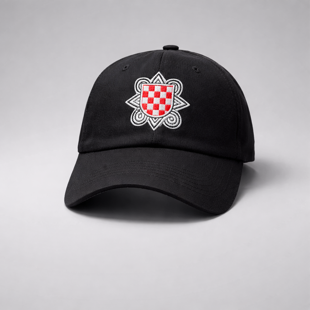Baseball Cap Prvo Bijelo Polje Black cap with a red and white emblem on a gray background
