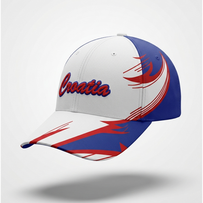 Cap with 'Croatia' text and red and blue designs on a white background