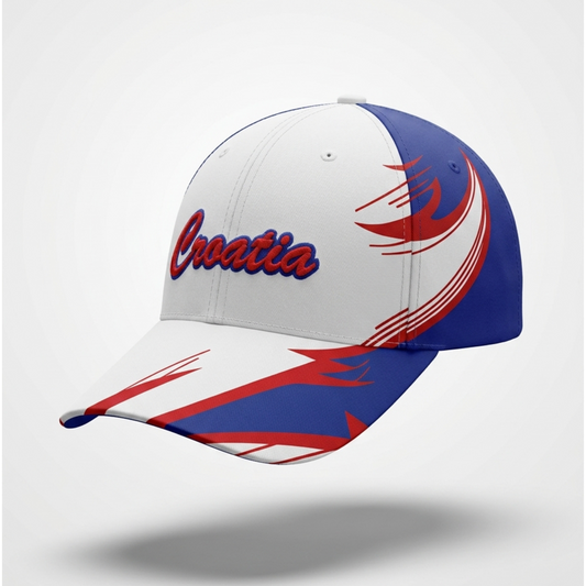 Cap with 'Croatia' text and red and blue designs on a white background