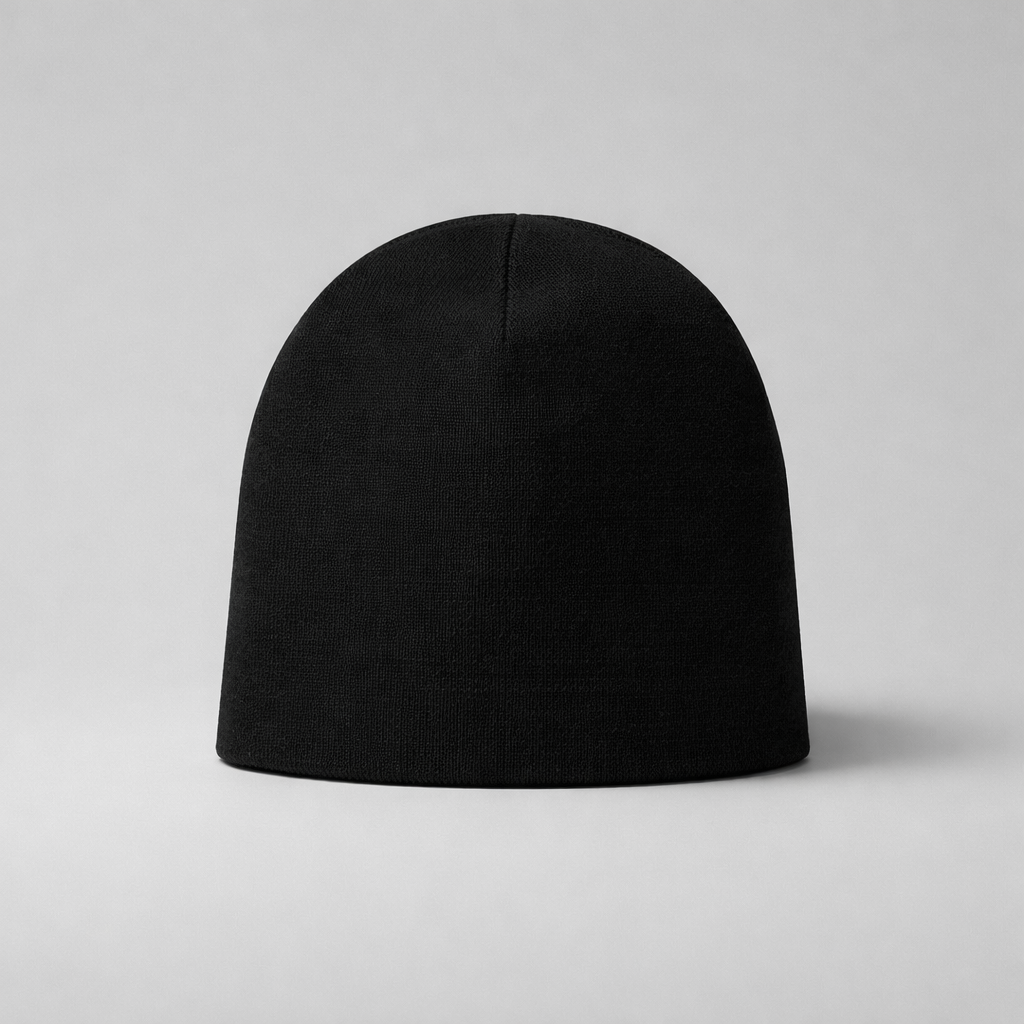 Black beanie on a light gray background