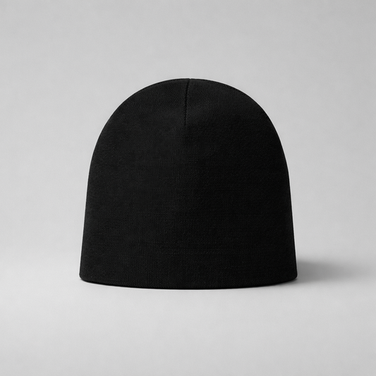 Black beanie on a light gray background