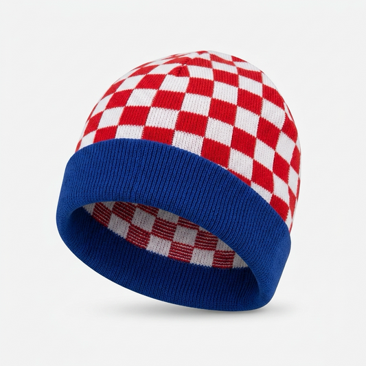 Beanie Croatia Checks Checkered beanie with red, white, and blue pattern on a light gray background