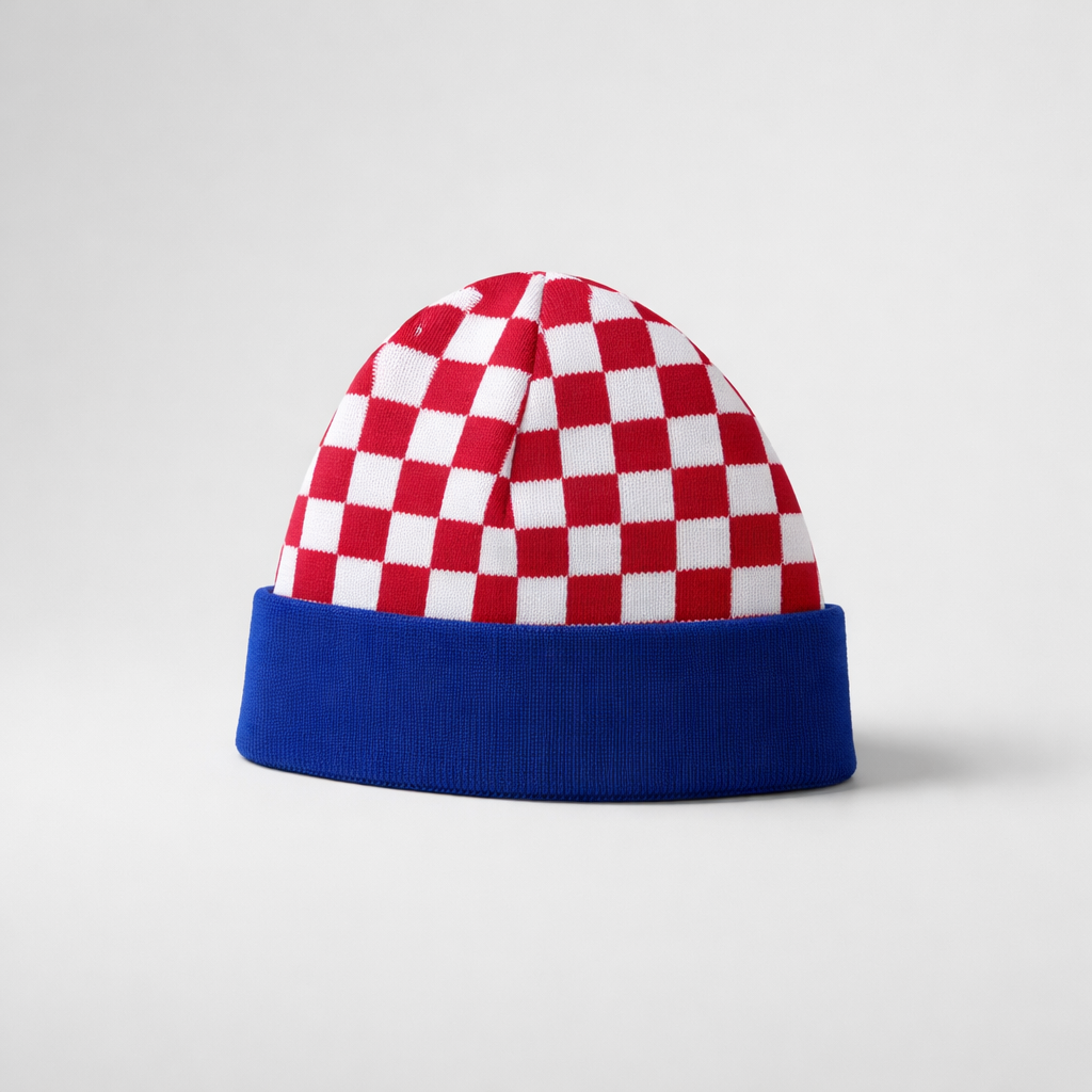 Beanie Croatia Checks Checkered beanie with red and white pattern on a blue band against a light gray background