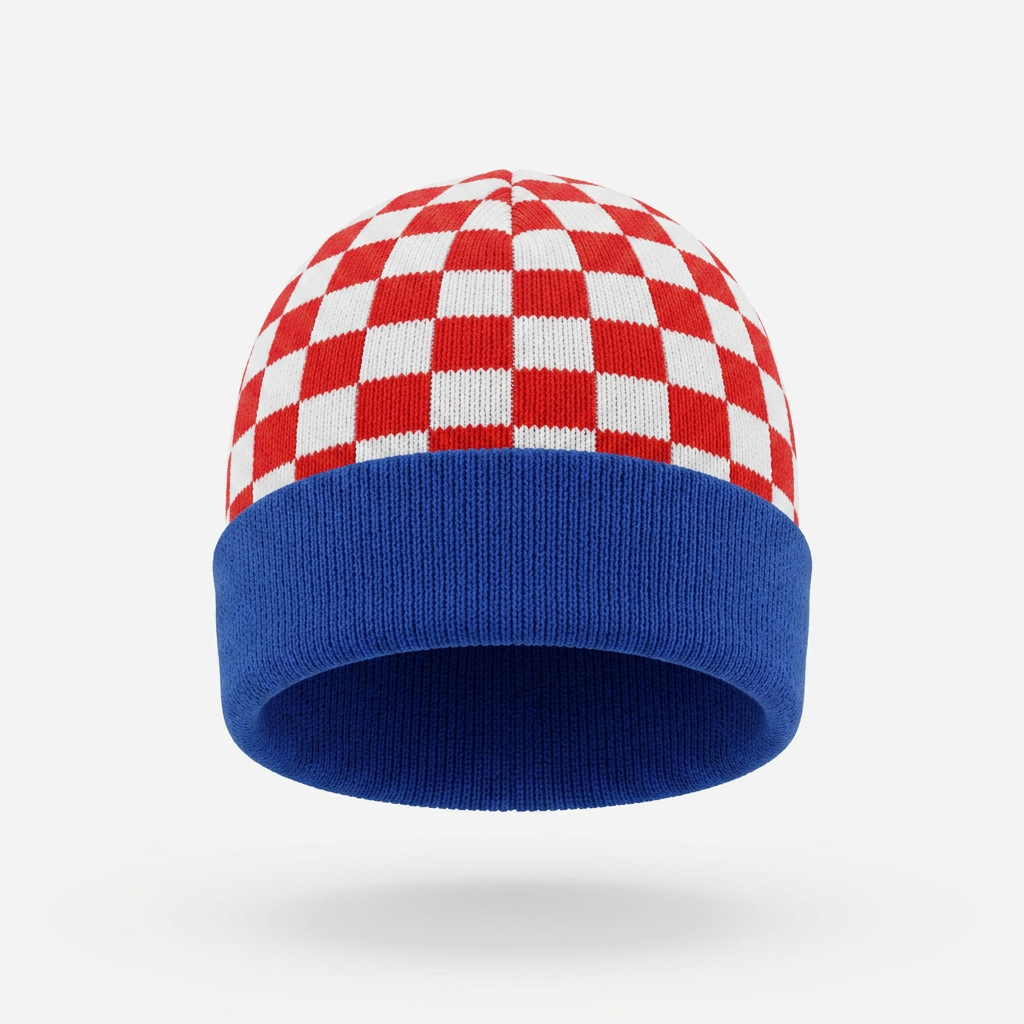 Beanie Croatia Checks Checkered beanie with red and white pattern on a blue band against a white background