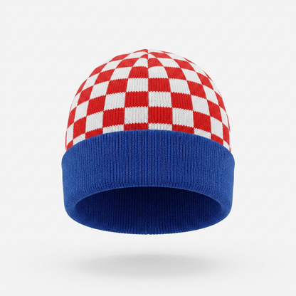 Beanie Croatia Checks Checkered beanie with red and white pattern on a blue band against a white background