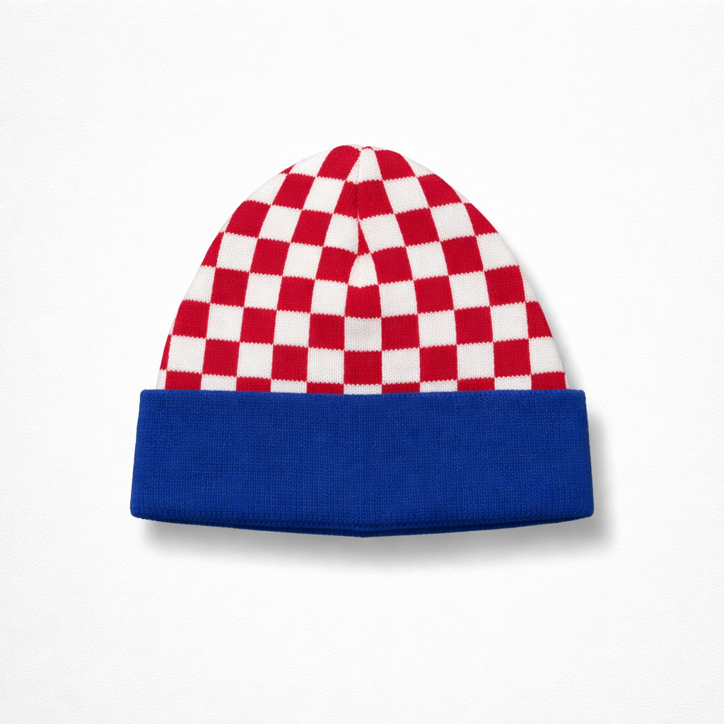 Beanie Croatia Checks Checkered beanie with red and white pattern on a blue band against a white background