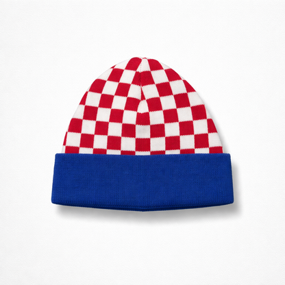 Beanie Croatia Checks Checkered beanie with red and white pattern on a blue band against a white background