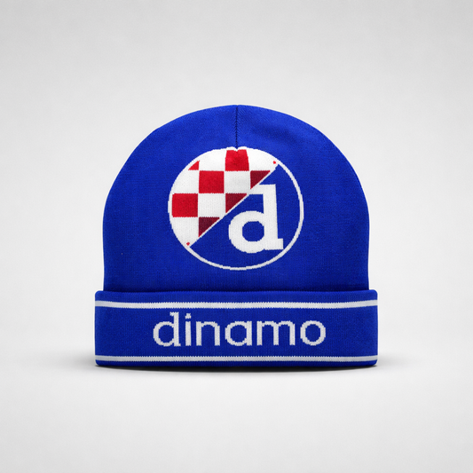 Beanie Dinamo Zagreb Retro in Blue Blue beanie with a logo and 'dinamo' text on a light gray background