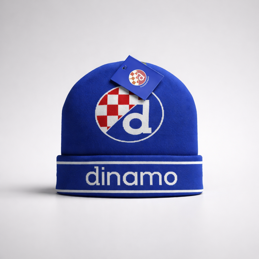 Beanie Dinamo Zagreb Retro in Blue Blue beanie with 'dinamo' branding and a logo on a white background
