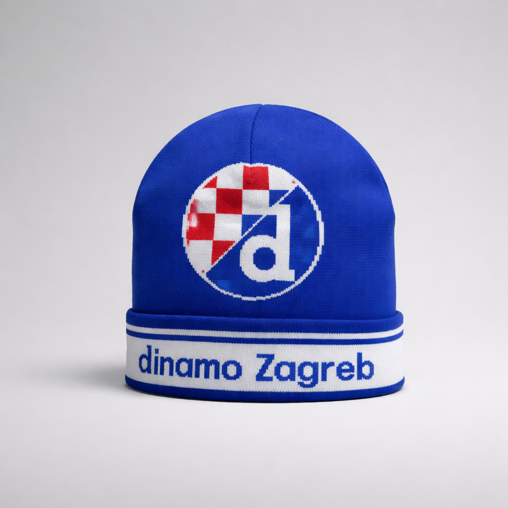 Beanie Dinamo Zagreb Retro in Blue and White Blue beanie with Dinamo Zagreb logo on a gray background