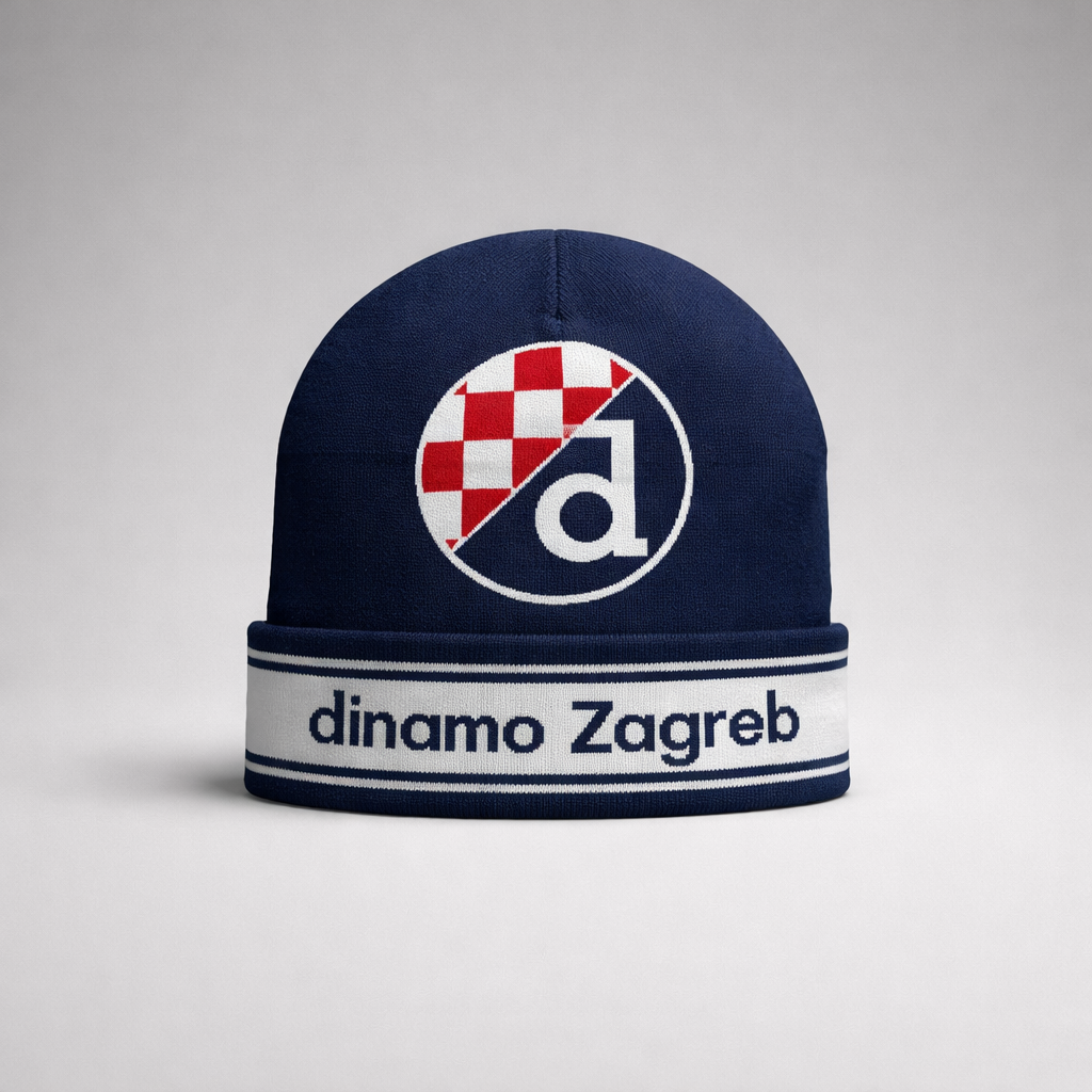 Beanie Dinamo Zagreb Retro in Navy and White Navy blue beanie with Dinamo Zagreb logo on a light gray background