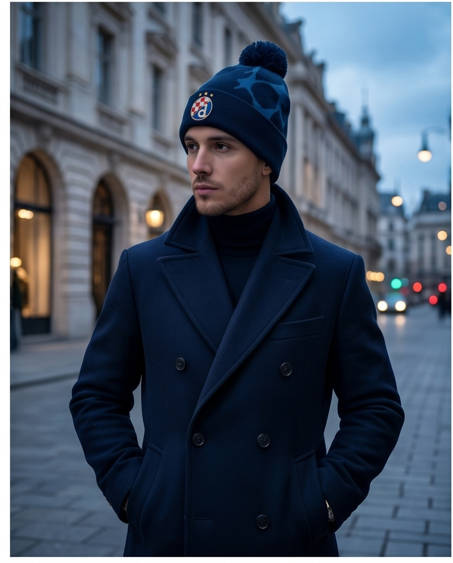 Beanie Dinamo Zagreb UCL Man wearing a dark blue coat and matching beanie on a city street.