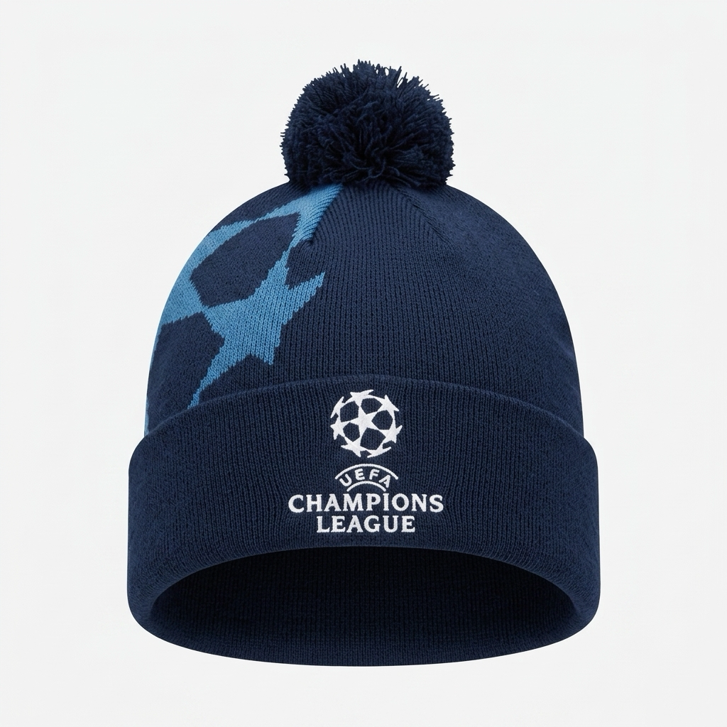 Beanie Dinamo Zagreb UCL Navy blue beanie with pom-pom and UEFA Champions League logo on a light gray background