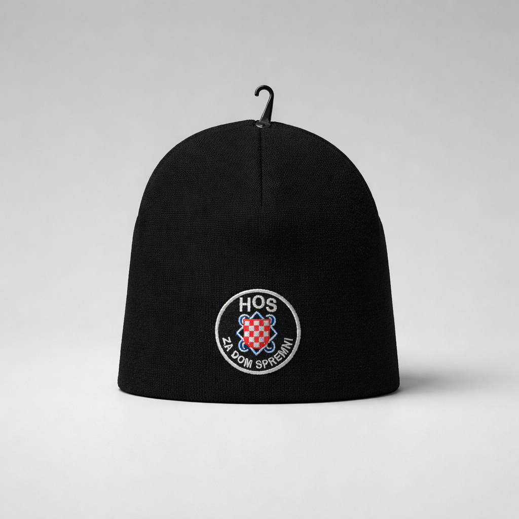 Black beanie with a logo on a white background