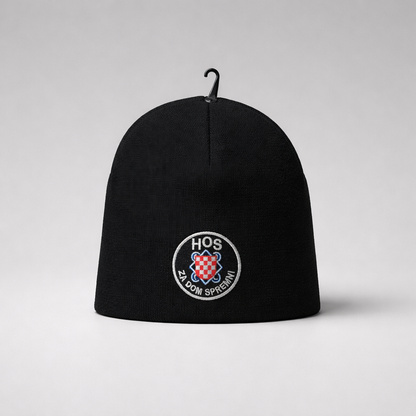 Black beanie with a logo on a white background