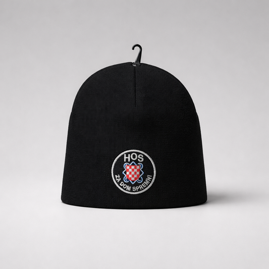 Black beanie with a logo on a white background