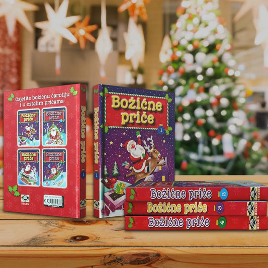 Božićne Priče Three books titled 'Boříáne príce' on a wooden table with a festive background.