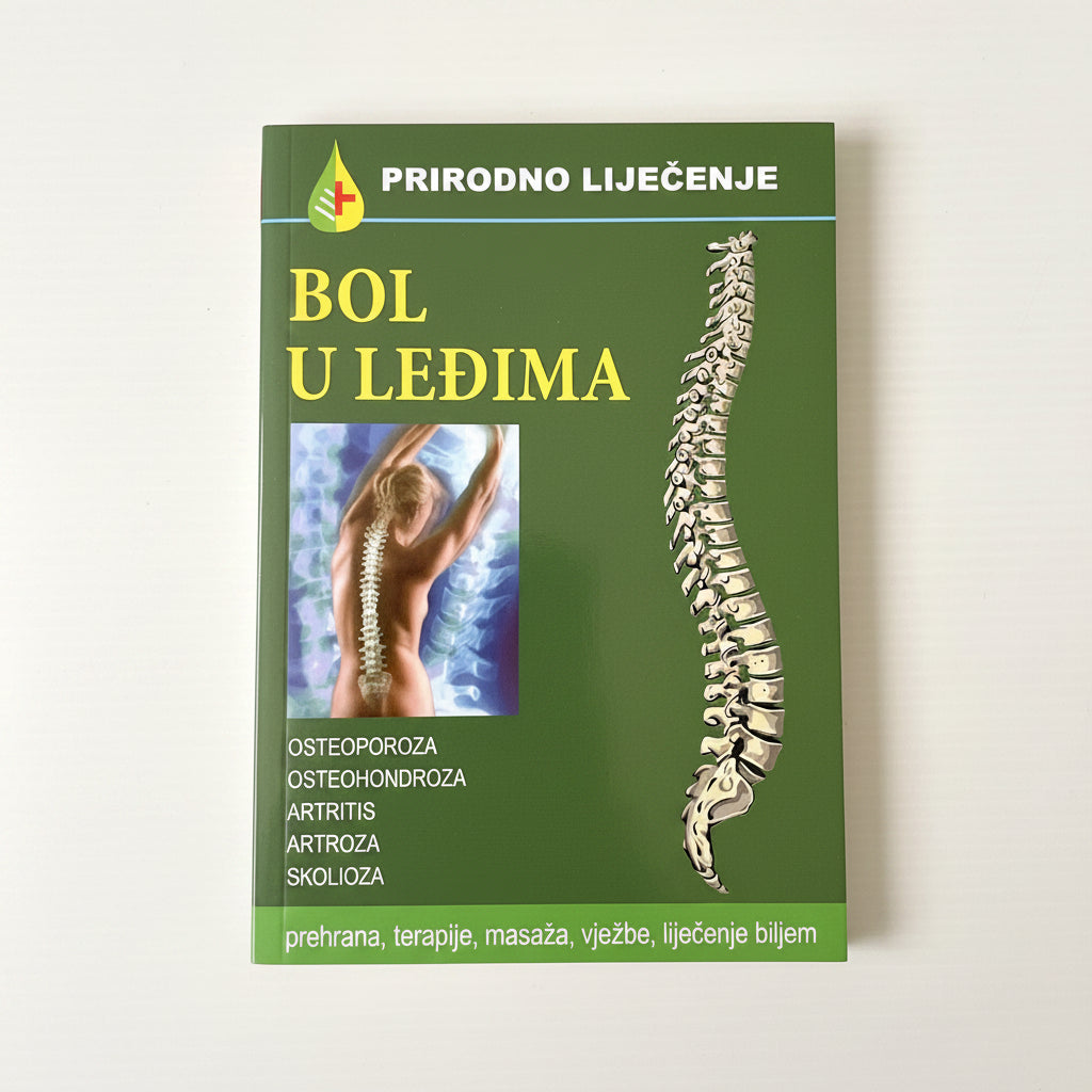 Prirodno Liječenje – Bol u Leđima (Natural Healing - Back Pain) Book cover of 'Bol u Lečima' with spine illustration and text on a green background