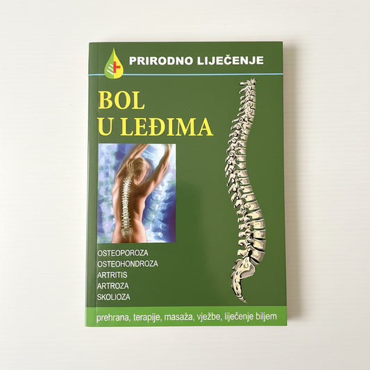 Prirodno Liječenje – Bol u Leđima (Natural Healing - Back Pain) Book cover of 'Bol u Lečima' with spine illustration and text on a green background