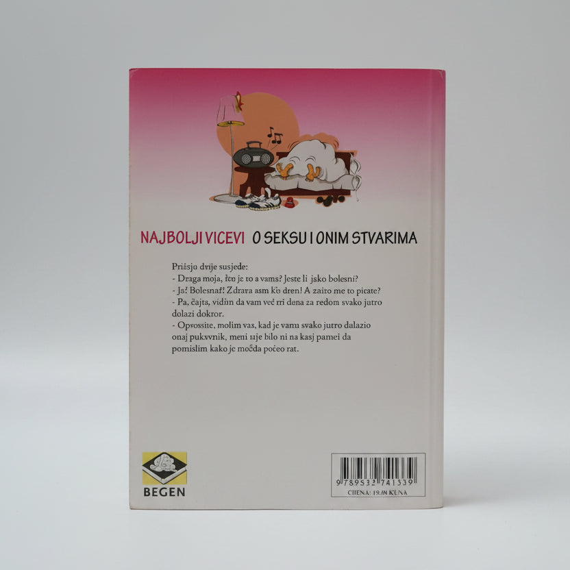 VICEVI O SEKSU I ONIM STVARIMA – Book of Humour (Croatian Joke Book) Book cover with cartoon illustration and text on a white background