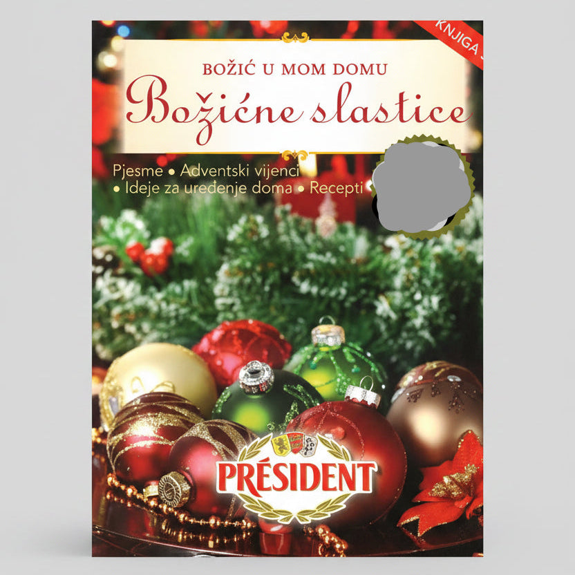 Božićne Slastice – Božić u Mom Domu Book cover with Christmas ornaments and tree, featuring the President brand.