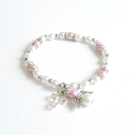 Bracelet Lilac & White Angel Cross Beaded bracelet with pink and white beads and a silver charm on a white background