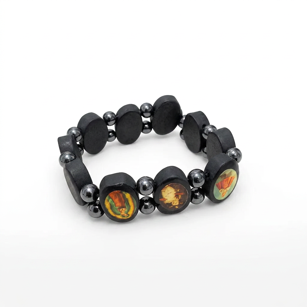 Bracelet with black beads and colorful circular elements on a white background