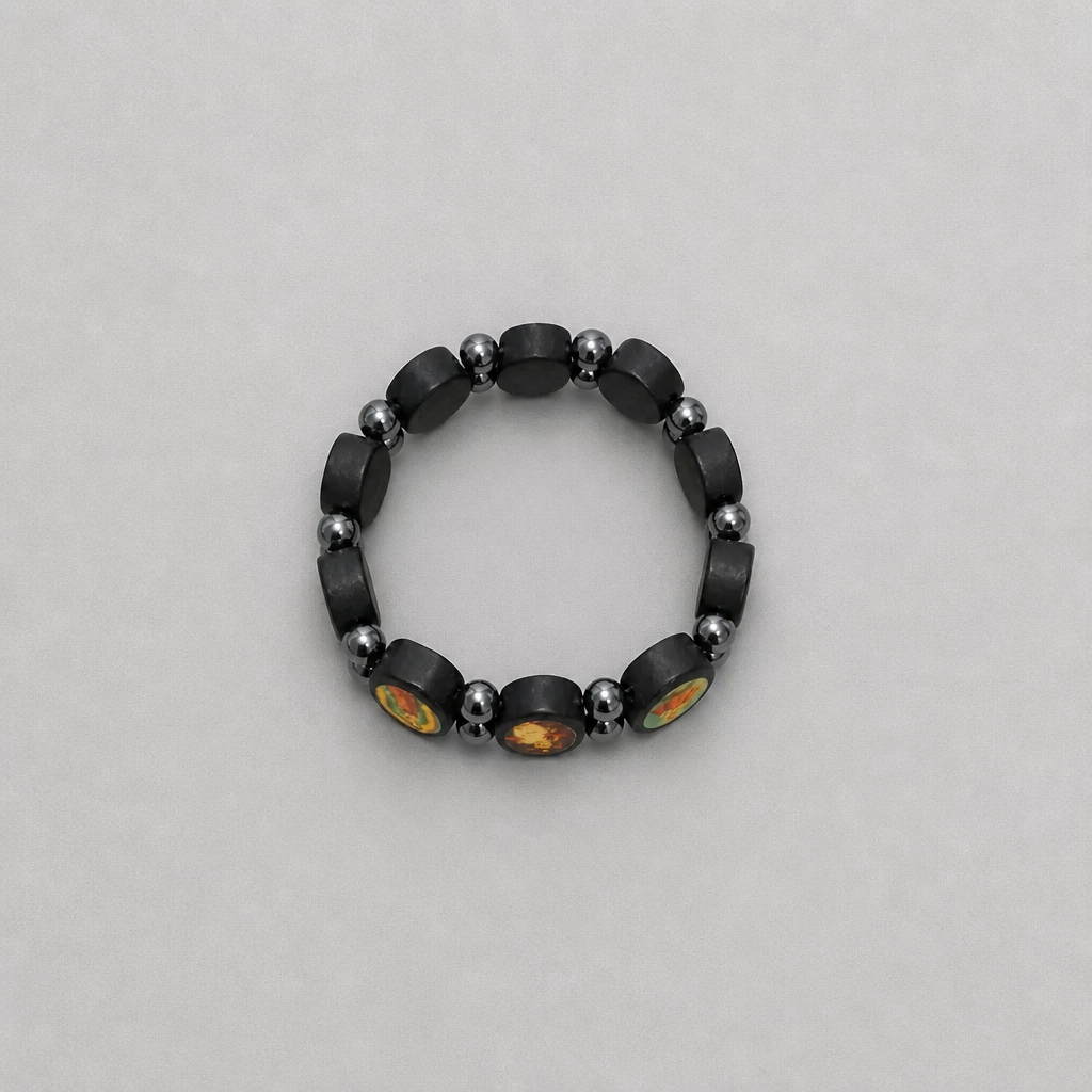 Bracelet Međugorje in Black Black beaded bracelet with colorful stones on a gray background