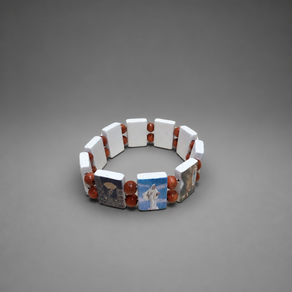 Bracelet Međugorje in White Bracelet with square beads on a gray background