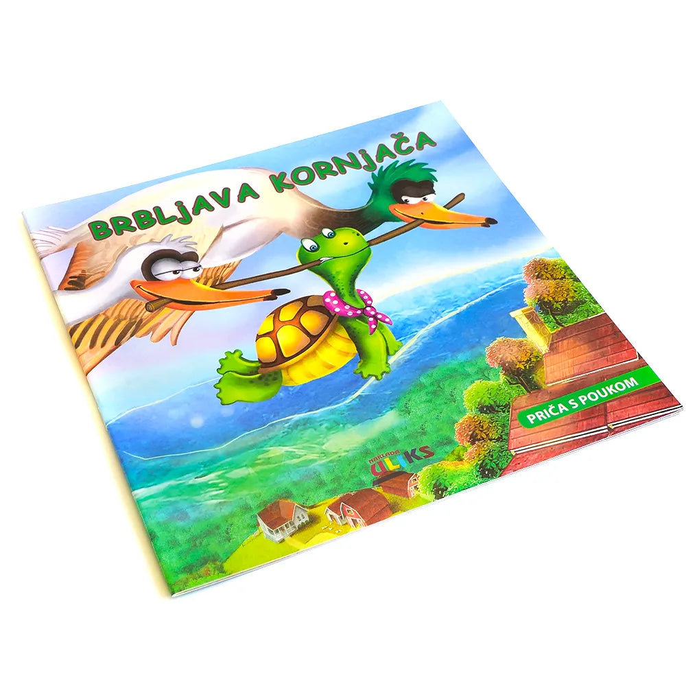 Brbljava Kornjača Children's book with a colorful cover featuring a turtle and birds flying over a landscape.