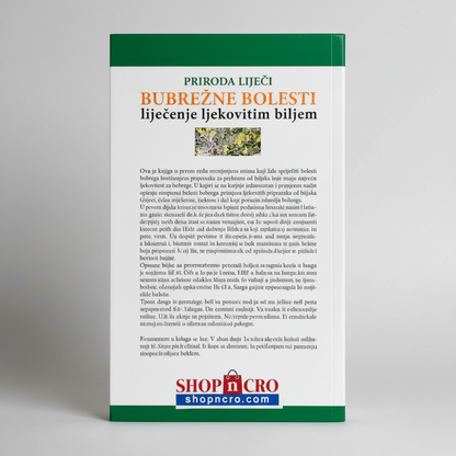 Bubrežne Bolesti – Liječenje Ljekovitim Biljem Book cover with text and a green and red logo on a white background