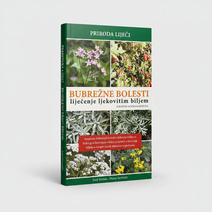 Bubrežne Bolesti – Liječenje Ljekovitim Biljem Book cover with images of plants and text in a foreign language on a white background
