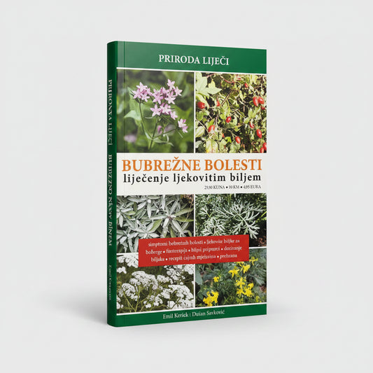 Bubrežne Bolesti – Liječenje Ljekovitim Biljem Book cover with images of plants and text in a foreign language on a white background
