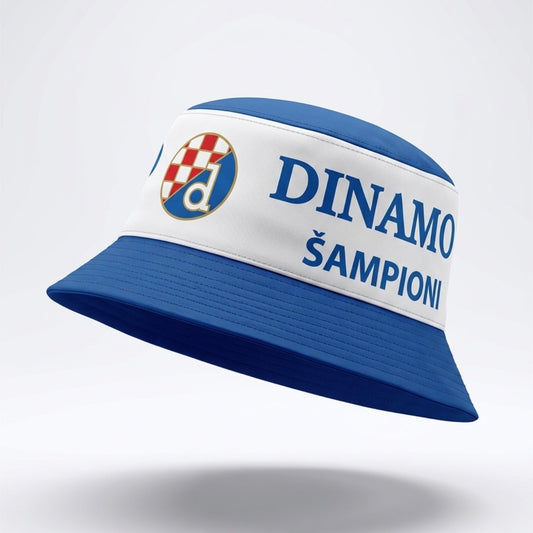 Blue and white visor cap with 'Dinamo Sampioni' text on a light gray background