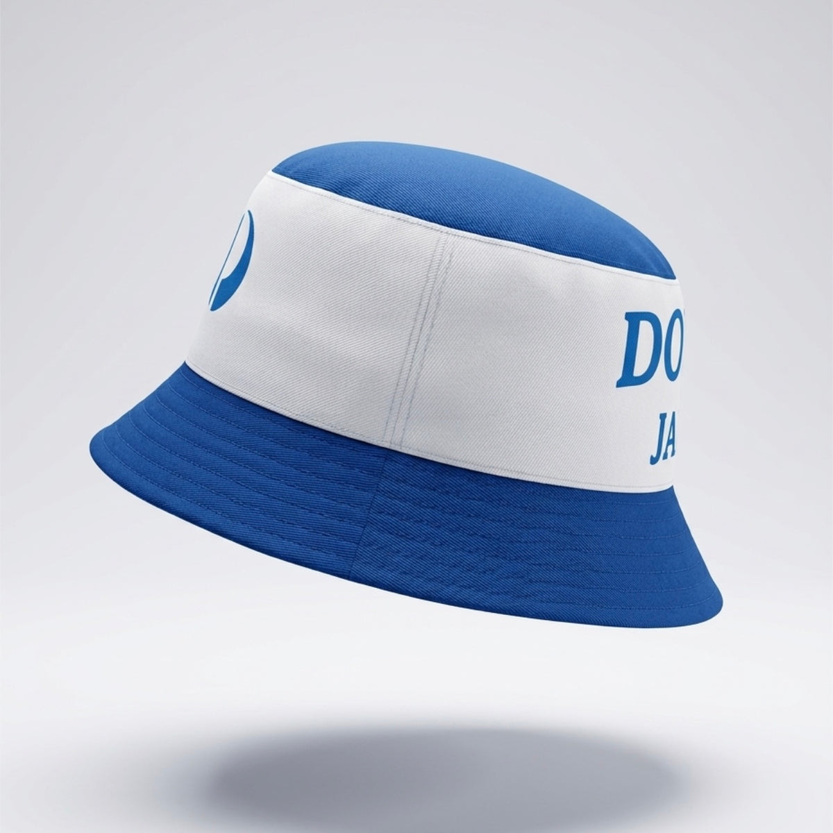 Blue and white bucket hat with 'Dover' branding on a light gray background