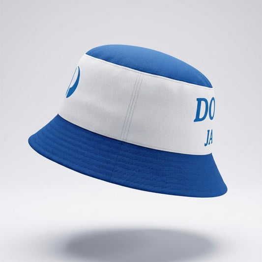 Blue and white bucket hat with 'Dover' branding on a light gray background