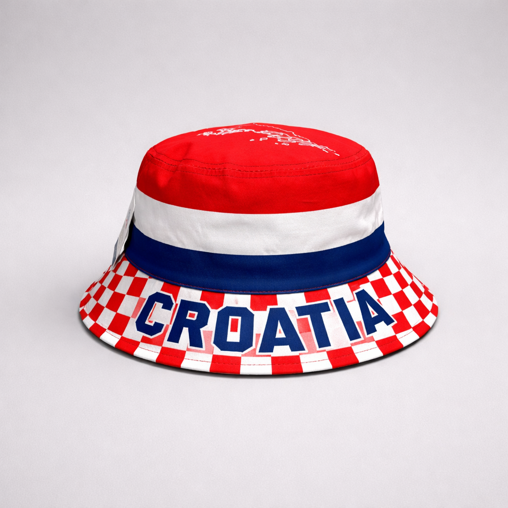Bucket Hat Croatia Bucket hat with red, white, and blue design featuring the word 'CROATIA'.