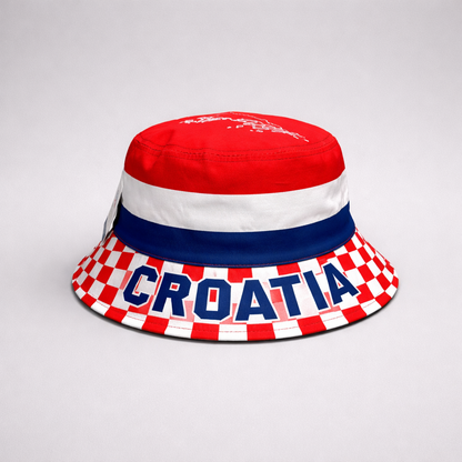Bucket Hat Croatia Bucket hat with red, white, and blue design featuring the word 'CROATIA'.