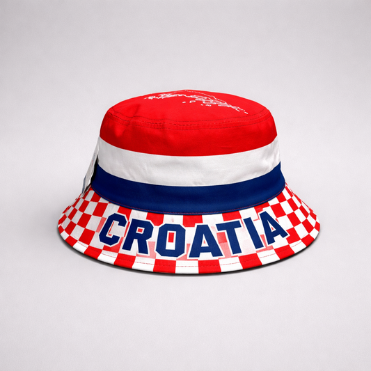 Bucket Hat Croatia Bucket hat with red, white, and blue design featuring the word 'CROATIA'.