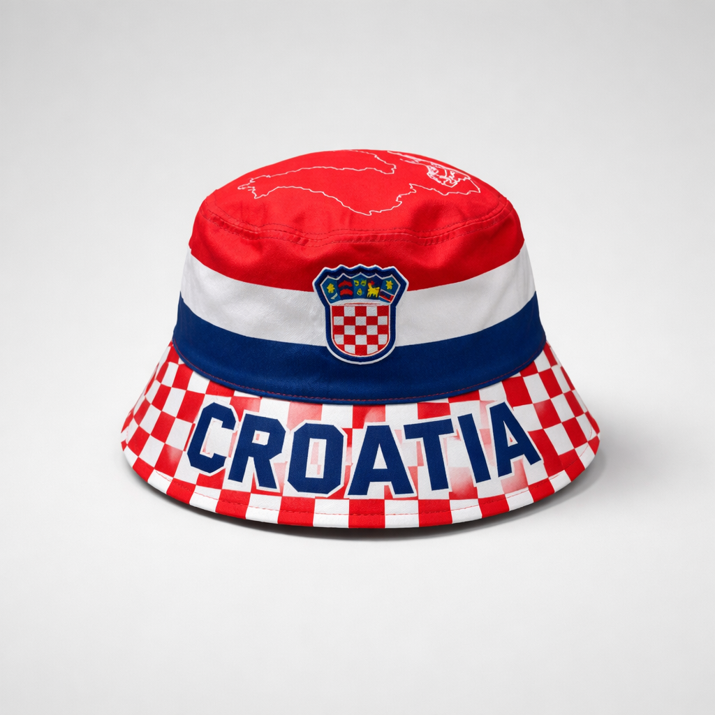 Bucket Hat Croatia Red, white, and blue bucket hat with Croatia text and emblem on a light gray background
