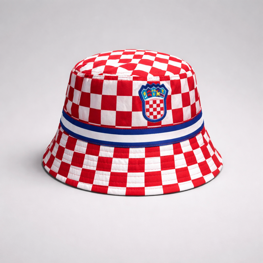 Bucket Hat Croatia Checks Red and white checkered bucket hat with a blue band and emblem on a gray background