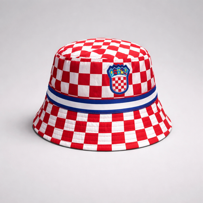 Bucket Hat Croatia Checks Red and white checkered bucket hat with a blue band and emblem on a gray background