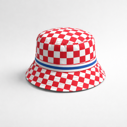 Bucket Hat Croatia Checks Red and white checkered bucket hat with a blue band on a light gray background